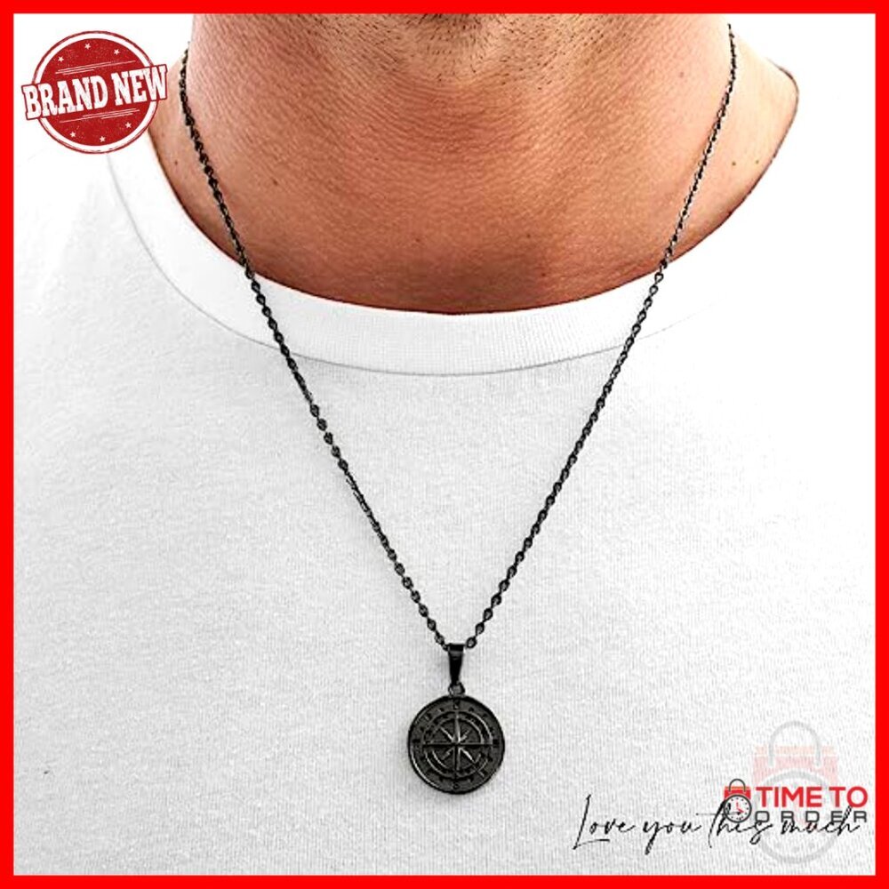 Men's 316L Steel Compass Necklace, 22-Inch Chain, Romantic Gift for Boyfriend - Picture 2 of 7